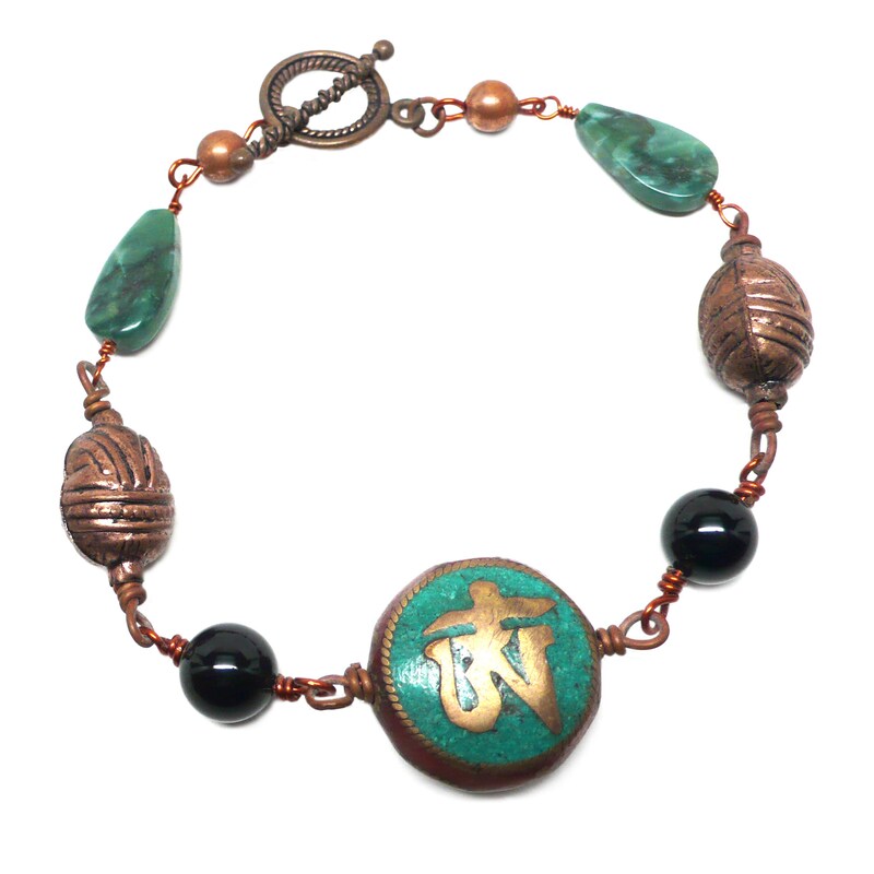 Buddha's Tear Om Aum Copper Wire-Wrap Chunky Gemstone Unisex Bracelet 9.5 Inch OOAK